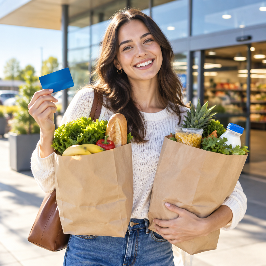 Happy shopper with grocery bags and a gift card